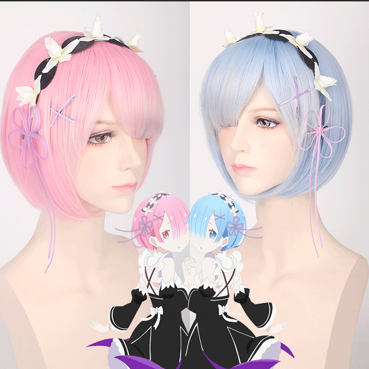 Re Zero Rem Wig - Wig Cosplay Ram Rem dari Starting